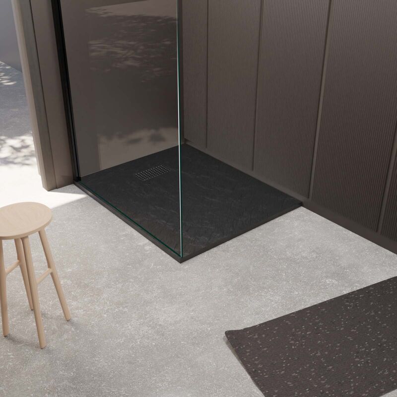 foto del prodotto aurlane piatto doccia nero effetto pietra 80x100 cm e griglia motivo perforato nero opaco