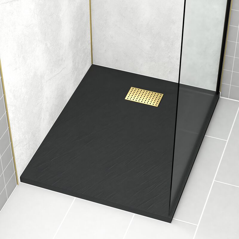 foto del prodotto aurlane - piatto doccia nero effetto pietra 80x100 cm e griglia motivo perforato oro spazzolato