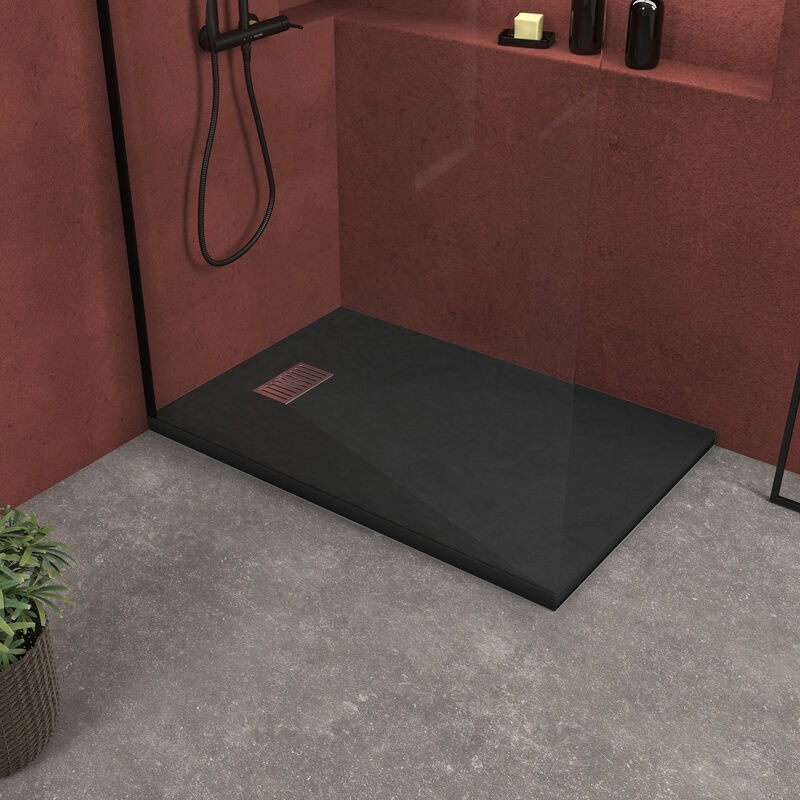foto del prodotto aurlane piatto doccia nero effetto pietra 80x120 cm e griglia motivo lineare in acciaio inox