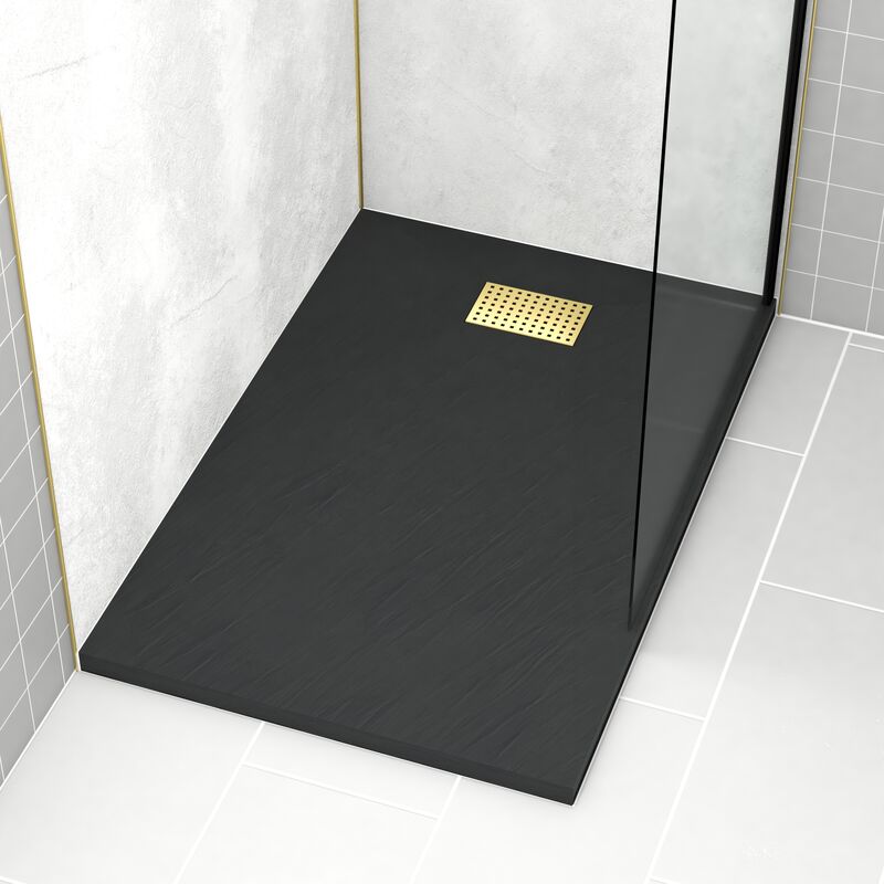 foto del prodotto aurlane piatto doccia nero effetto pietra 80x120 cm e griglia motivo perforato oro spazzolato