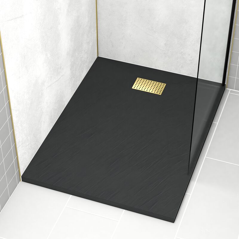 foto del prodotto aurlane piatto doccia nero effetto pietra 90x120 cm e griglia motivo perforato oro spazzolato