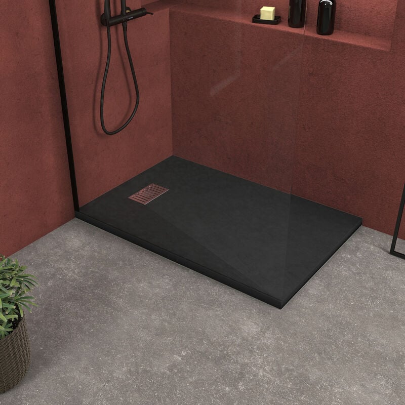 foto del prodotto aurlane piatto doccia nero effetto pietra 90x140 cm e griglia motivo lineare in acciaio inox