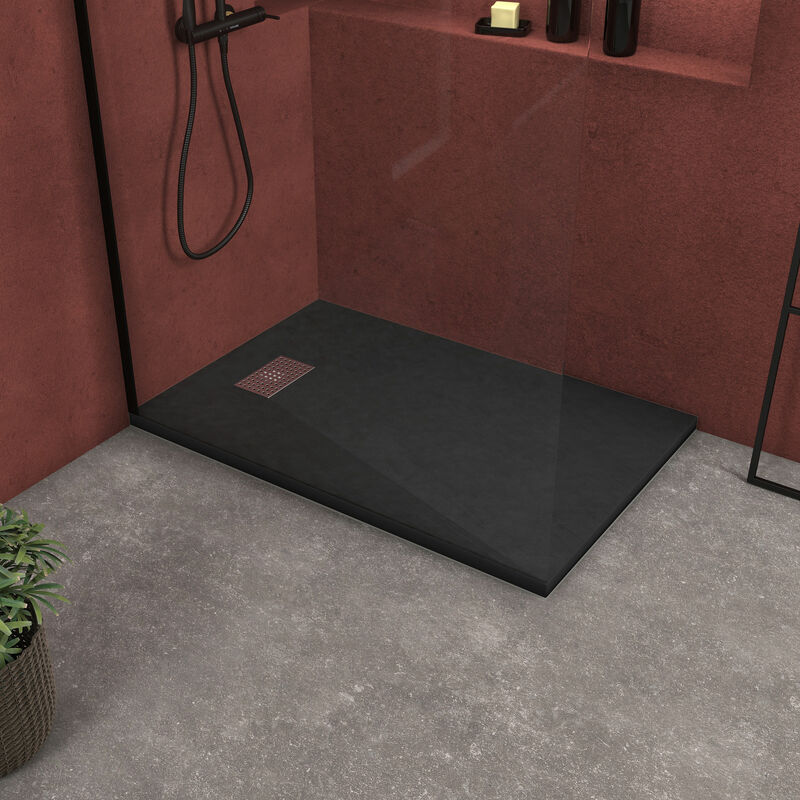 foto del prodotto aurlane piatto doccia nero effetto pietra 90x140 cm e griglia motivo perforato in acciaio inox
