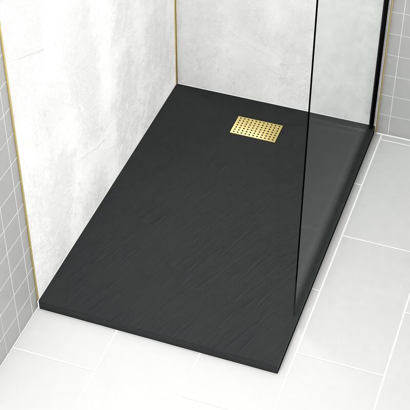 foto del prodotto aurlane piatto doccia nero effetto pietra 90x140 cm e griglia motivo perforato oro spazzolato
