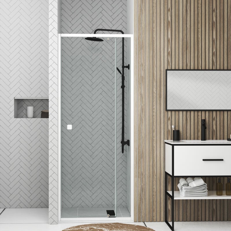foto del prodotto aurlane porta doccia pivotante regolabile da 69 a 80cm in alluminio bianco e vetro trasparente whity pivot