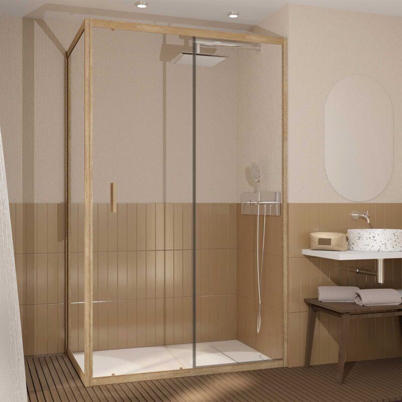 foto del prodotto aurlane porta doccia scorrevole e parete laterale 120x80x200cm profili effetto legno vetro temperato 6mm