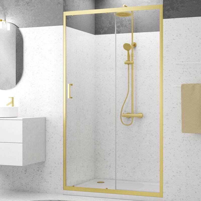 foto del prodotto aurlane porta scorrevole per doccia 120x200cm profilo oro spazzolato vetro temperato 6 mm goldy crush