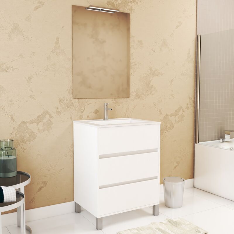foto del prodotto aurlane set mobile bagno 60 cm laccato bianco 3 cassetti, lavabo, specchio 60x80 e applique led xenos