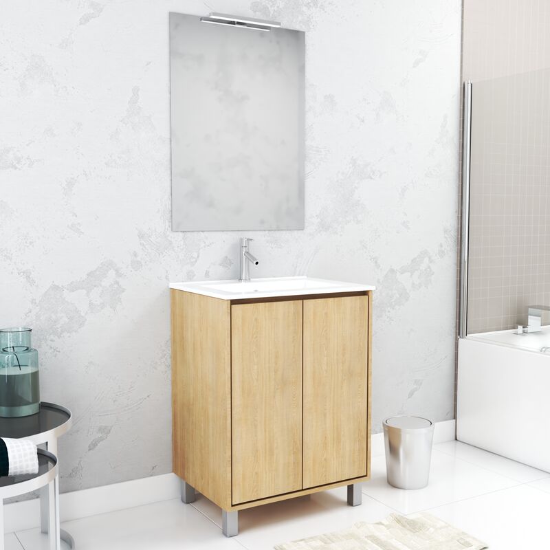 foto del prodotto aurlane set mobile bagno 60 cm rovere chiaro 2 ante, lavabo, specchio 60x80 e applique led xenos