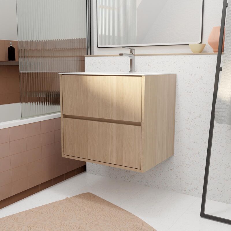 foto del prodotto aurlane set mobile bagno 60 cm rovere chiaro 2 cassetti con lavabo in ceramica xenos