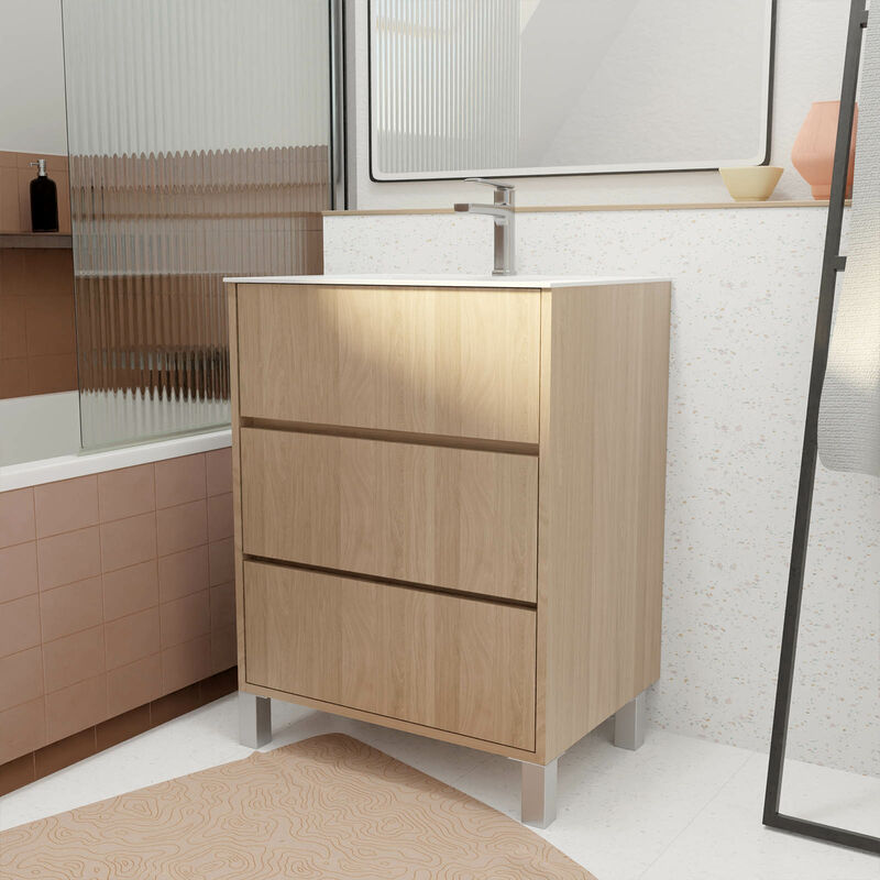 foto del prodotto aurlane set mobile bagno 60 cm rovere chiaro 3 cassetti con lavabo in ceramica xenos
