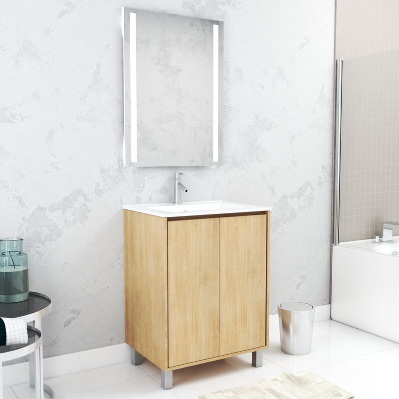 foto del prodotto aurlane set mobile bagno 60cm rovere chiaro 2 ante, lavabo, specchio 60x80 con luce led integrata xenos
