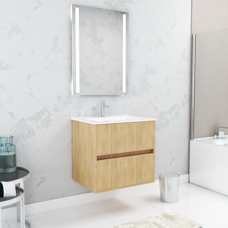 foto del prodotto aurlane set mobile bagno 60cm rovere chiaro 2 cassetti, lavabo, specchio 60x80 con luce led integrata xenos