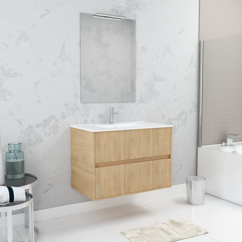 foto del prodotto aurlane set mobile bagno 80 cm rovere chiaro 2 cassetti, lavabo, specchio 60x80 e applique led xenos