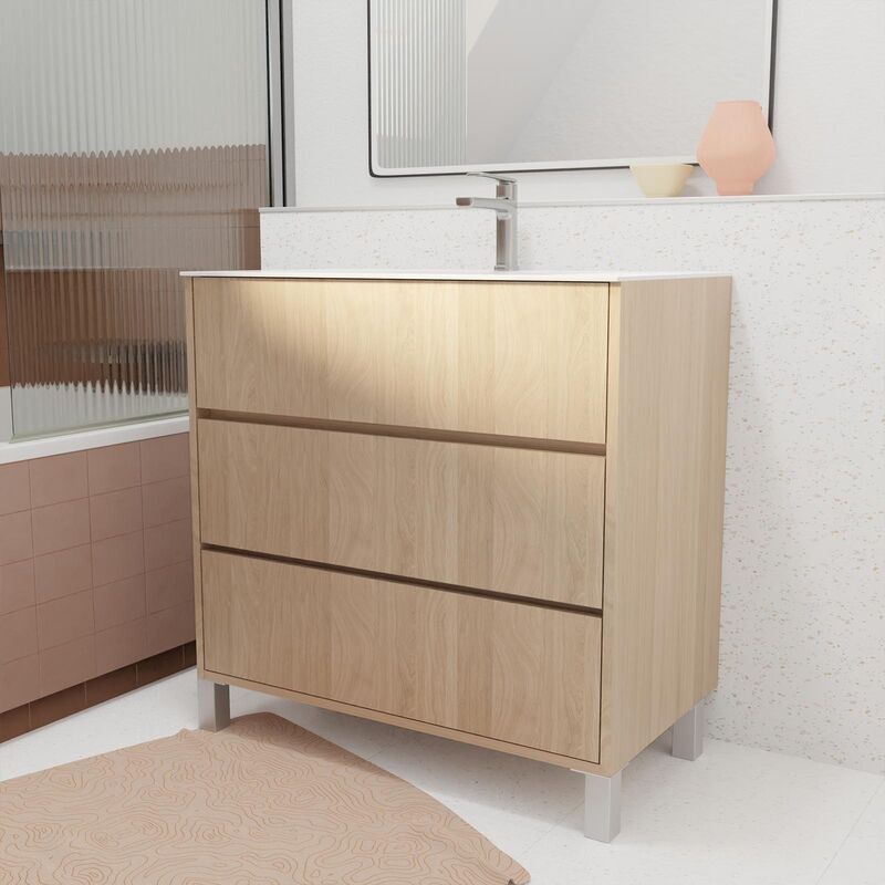 foto del prodotto aurlane set mobile bagno 80 cm rovere chiaro 3 cassetti con lavabo in ceramica xenos