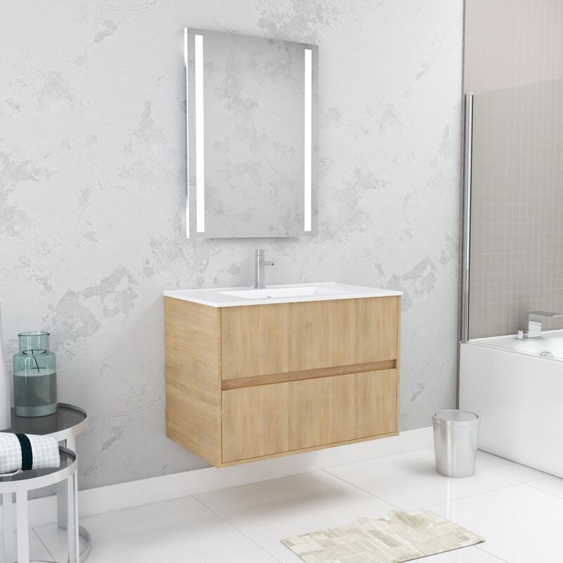 foto del prodotto aurlane set mobile bagno 80cm rovere chiaro 2 cassetti, lavabo, specchio 60x80 con luce led integrata xenos