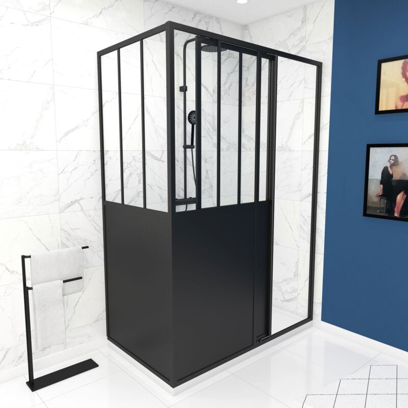 foto del prodotto aurlane set porta pivotante 140x200 laterale e pannello in alluminio composito piatto doccia 140x80