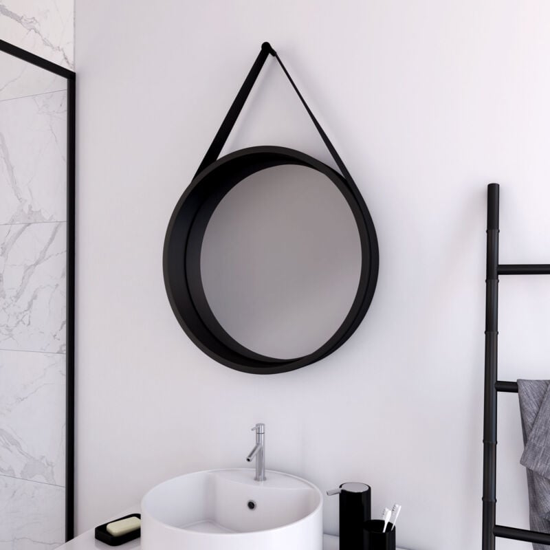 foto del prodotto aurlane specchio da bagno rotondo tipo barbiere nero diametro 50 cm