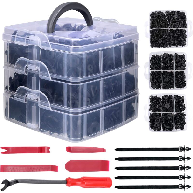 foto del prodotto auto clip, 635 pezzi di rivetti in plastica nera per pannelli porta auto universali, con scatola portaoggetti e strumento di rimozione.