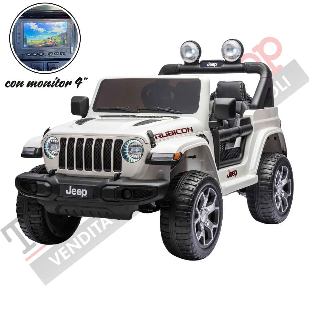 foto del prodotto auto macchina elettrica per bambini jeep fiat wrangler rubicon 12v 2 posti con monitor 4 mp4 sedile in pelle bianco