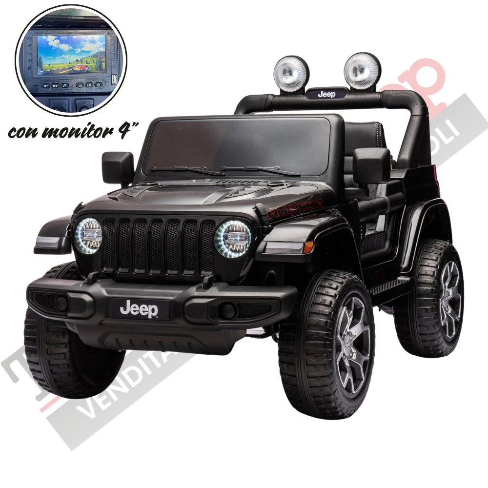 foto del prodotto auto macchina elettrica per bambini jeep fiat wrangler rubicon 12v 2 posti con monitor 4 mp4 sedile in pelle nero