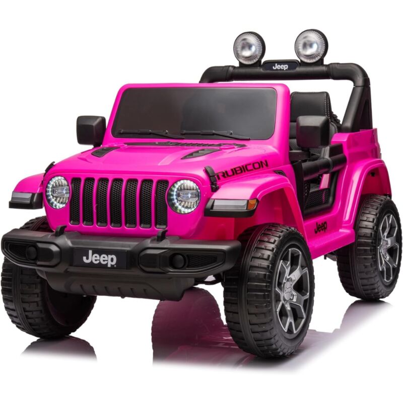 foto del prodotto auto macchina elettrica per bambini jeep fiat wrangler rubicon 12v 2 posti con monitor 4 mp4 sedile in pelle rosa