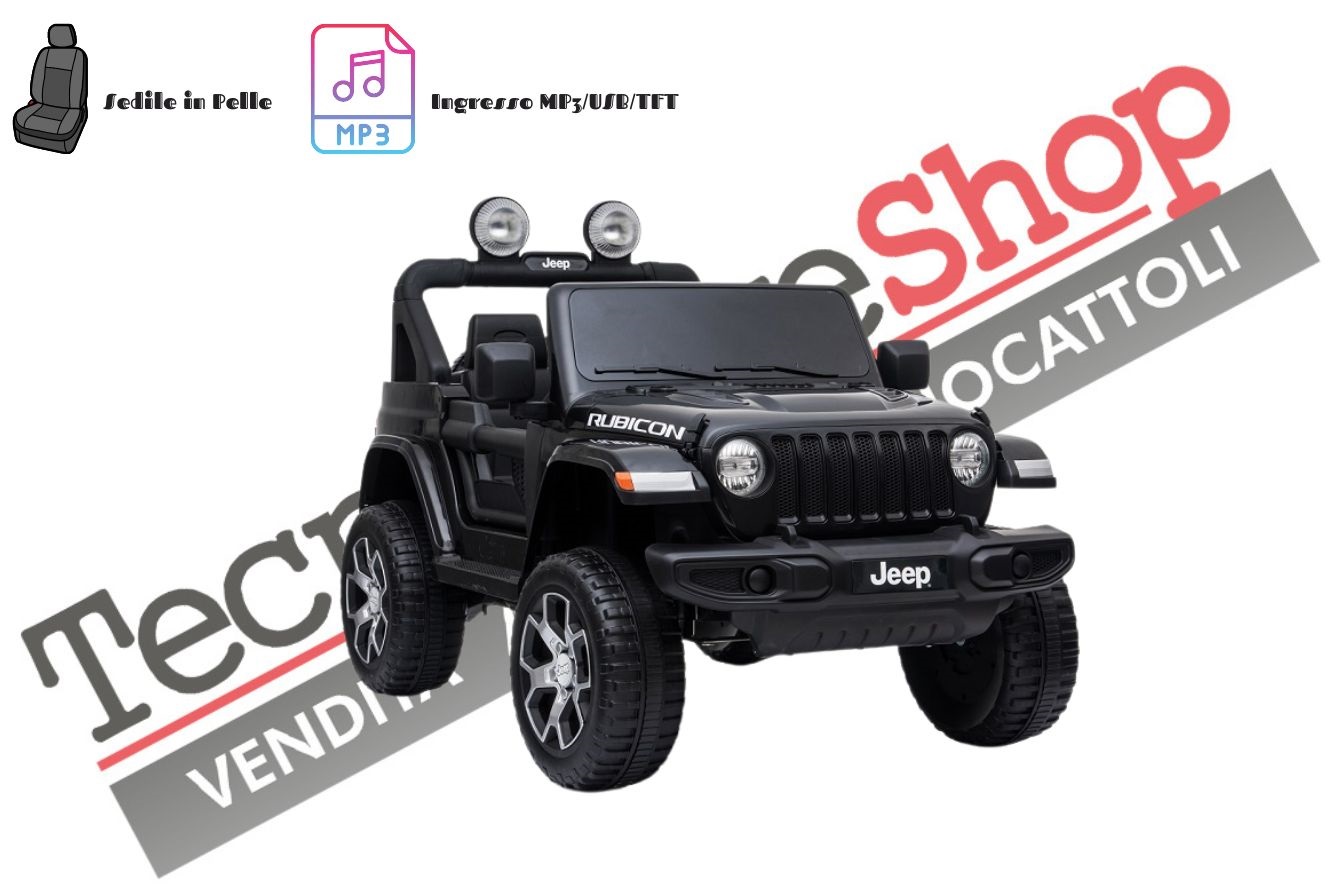 foto del prodotto auto macchina elettrica per bambini jeep fiat wrangler rubicon 12v 2 posti con mp3 sedile in pelle nero