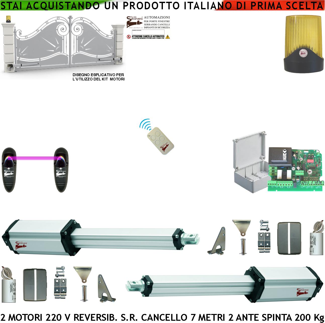 foto del prodotto automatismo 230 v ricambio per cancello da 7 metri 2 ante da 3,5 metri 2 motori elettromeccanici 220 v stelo retrattile reversibile corsa 600 mm spinta 250 kg centrale radiocomando fotocellule faro