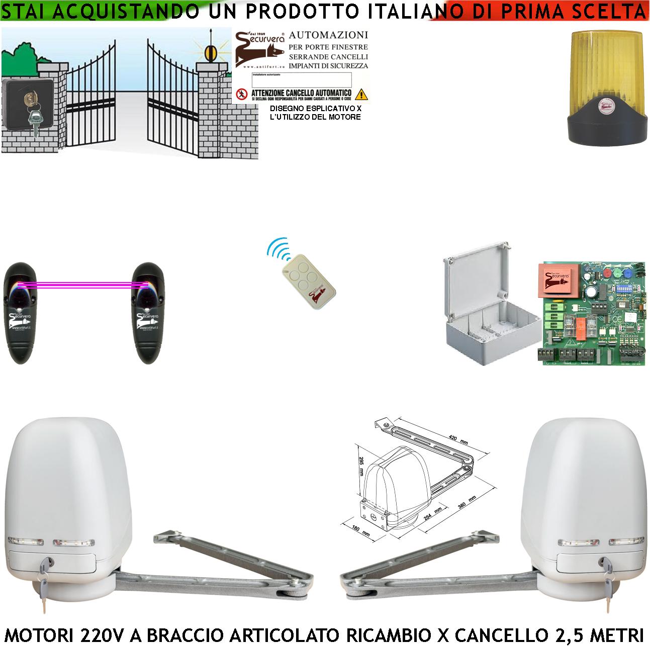 foto del prodotto automatismo braccio articolato 2 motori 220 v apricancello 5 metri automazione 2 ante da 0,5 fino a 2,5 metri centrale cbr radiocomando fotocellule selettore