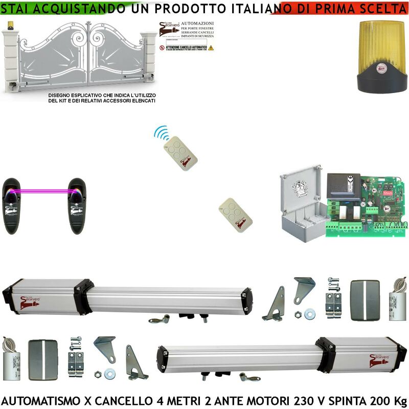 foto del prodotto automatismo cancello 4 metri 2 ante da 2 mt kit base 2 motori elettromeccanici 230 v corsa 300 mm spinta 2 q.li staffe 2 radiocomandi coppia