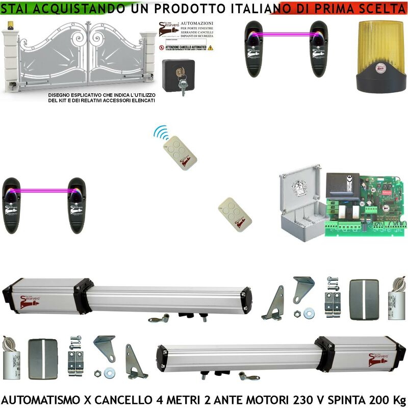 foto del prodotto automatismo cancello 4 metri 2 ante da 2 mt kit base 2 motori elettromeccanici 230 v sblocco corsa 300 mm spinta 2 q.li staffe 2 radiocomandi 2