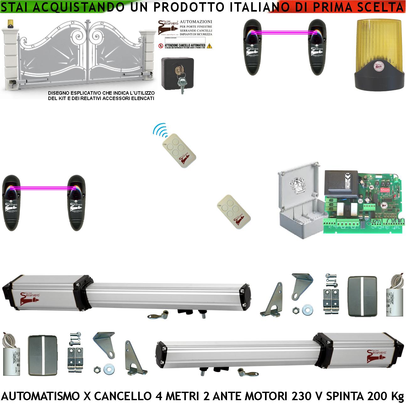 foto del prodotto automatismo cancello 4 metri 2 ante da 2 mt kit base 2 motori elettromeccanici 230 v sblocco corsa 300 mm spinta 2 q.li staffe 2 radiocomandi 2 coppie fotocellule selettore 2 ck faro cartello monitore