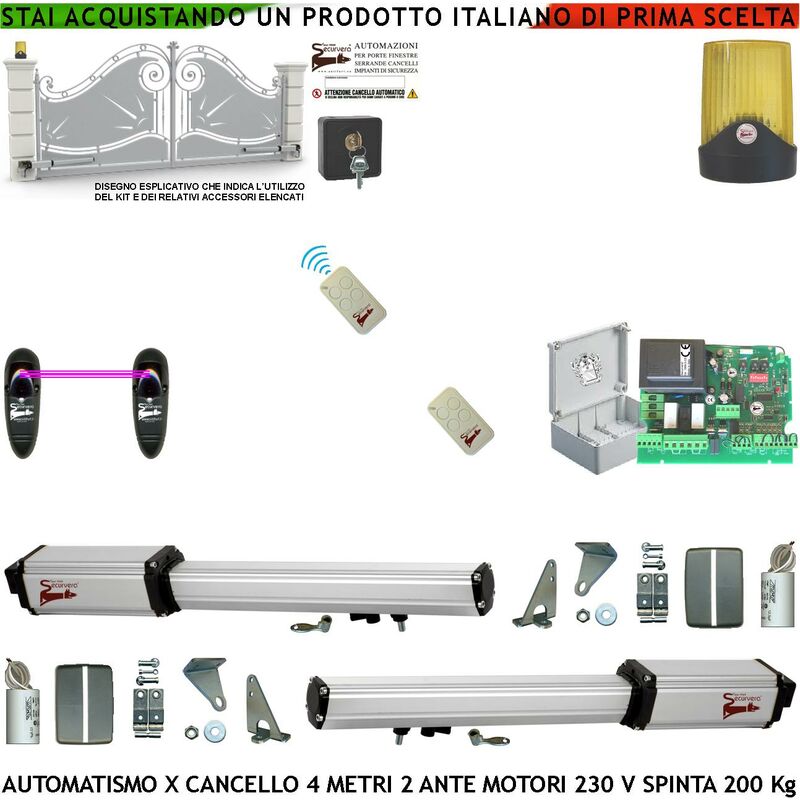 foto del prodotto automatismo cancello 4 metri 2 ante da 2 mt kit motori elettromeccanici 230 v corsa 300 mm spinta 2 q.li staffe 2 radiocomandi coppia fotocellule