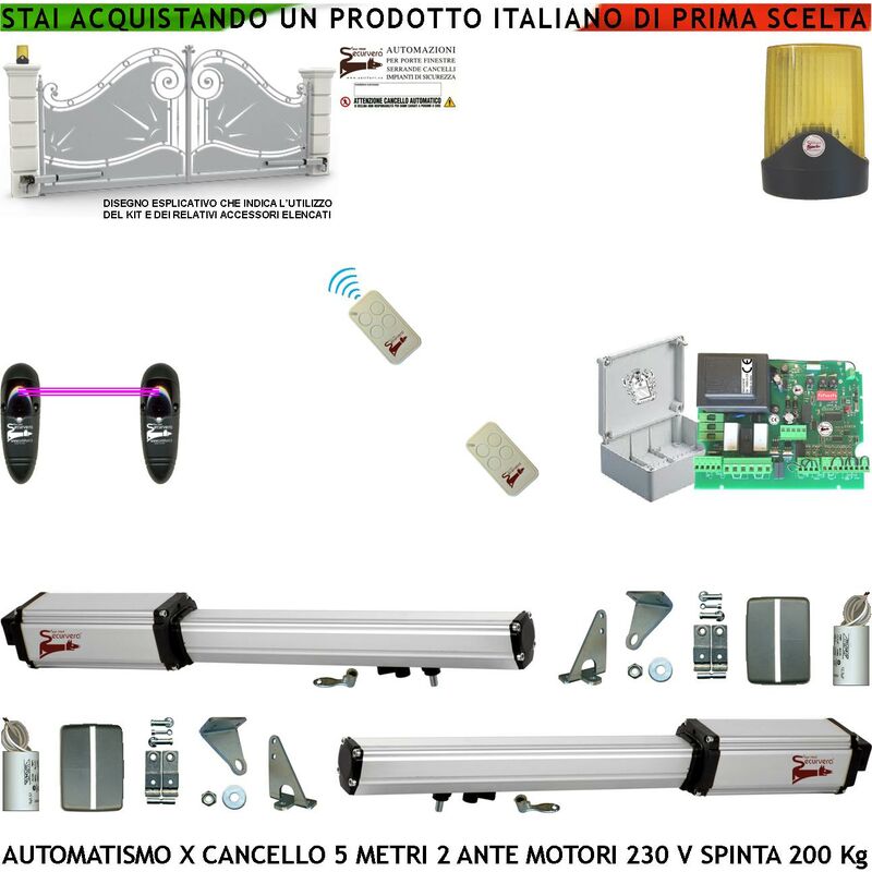 foto del prodotto automatismo cancello 5 metri 2 ante da 2,5 mt kit base 2 motori elettromeccanici 230 v corsa 400 mm spinta 2 q.li sblocco kit staffe 2 radiocomandi
