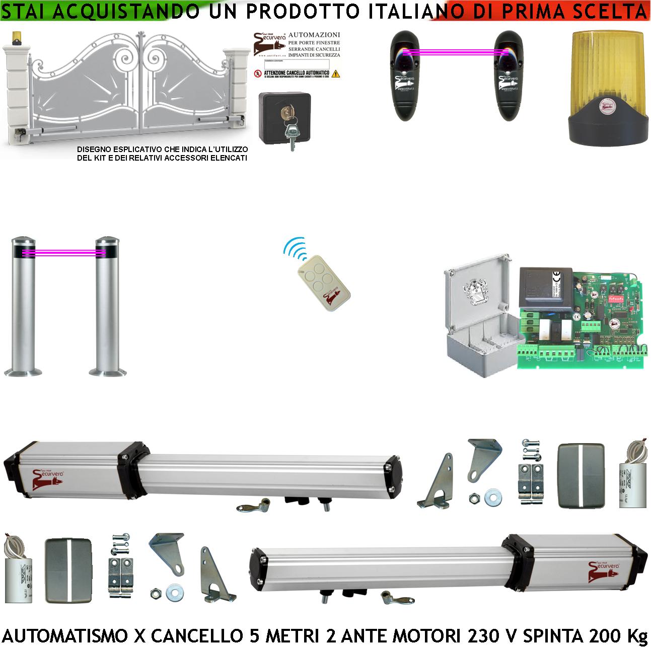 foto del prodotto automatismo cancello 5 metri 2 ante da 2,5 mt kit motori elettromeccanici 230v sblocco corsa 300mm spinta 2 q.li staffe radiocomando 2 coppie fotocellule 2 pali selettore 2 ck faro cartello monitore