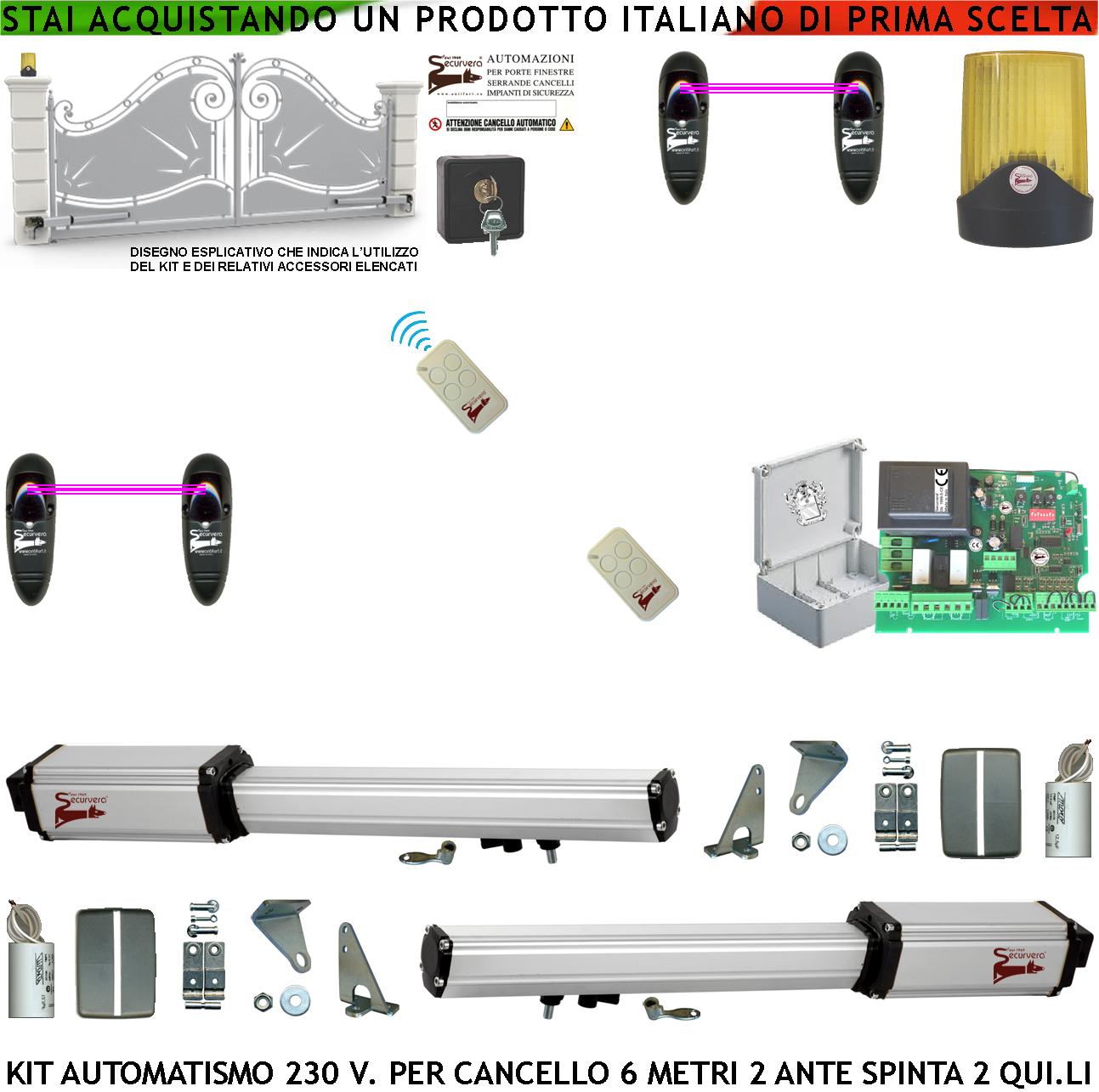 foto del prodotto automatismo cancello 6 metri 2 ante kit base motori elettromeccanici 230 v corsa 500 mm spinta 2 q.li centrale con radio 2 coppie di fotocellule 2 radiocomandi faro 2 chiavi sblocco cartello monitore