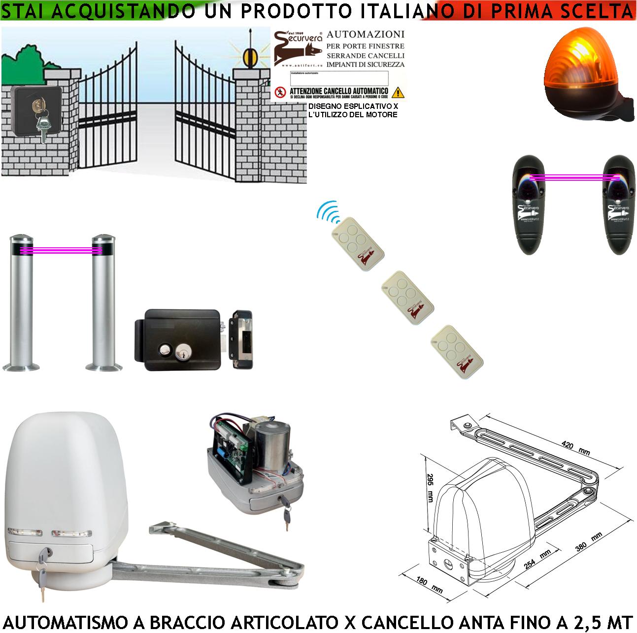 foto del prodotto automatismo cancello kit motore a braccio articolato 220/24 v anta da 0,5 a 2,5 mt elettroserratura selettore faro 2 paline 2 fotocellule 3 radiocomandi