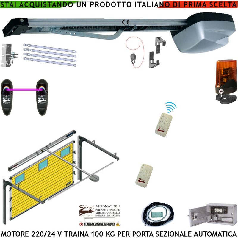 foto del prodotto automatismo per porta sezionale motore 220 24 v traina 100 kg 2 radiocomandi fotocellula faro a 12 led blindino cordino di sblocco binario 3 metri