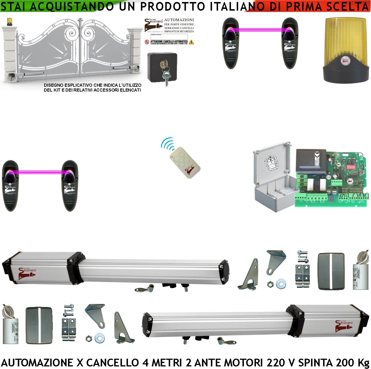 foto del prodotto automazione cancello 4 metri 2 ante da 2 mt kit 2 motori elettromeccanici 230 v corsa 300 mm spinta 2 q.li sblocco staffe radiocomando 2 di coppie fotocellule selettore 2 chiavi faro cartello monitore