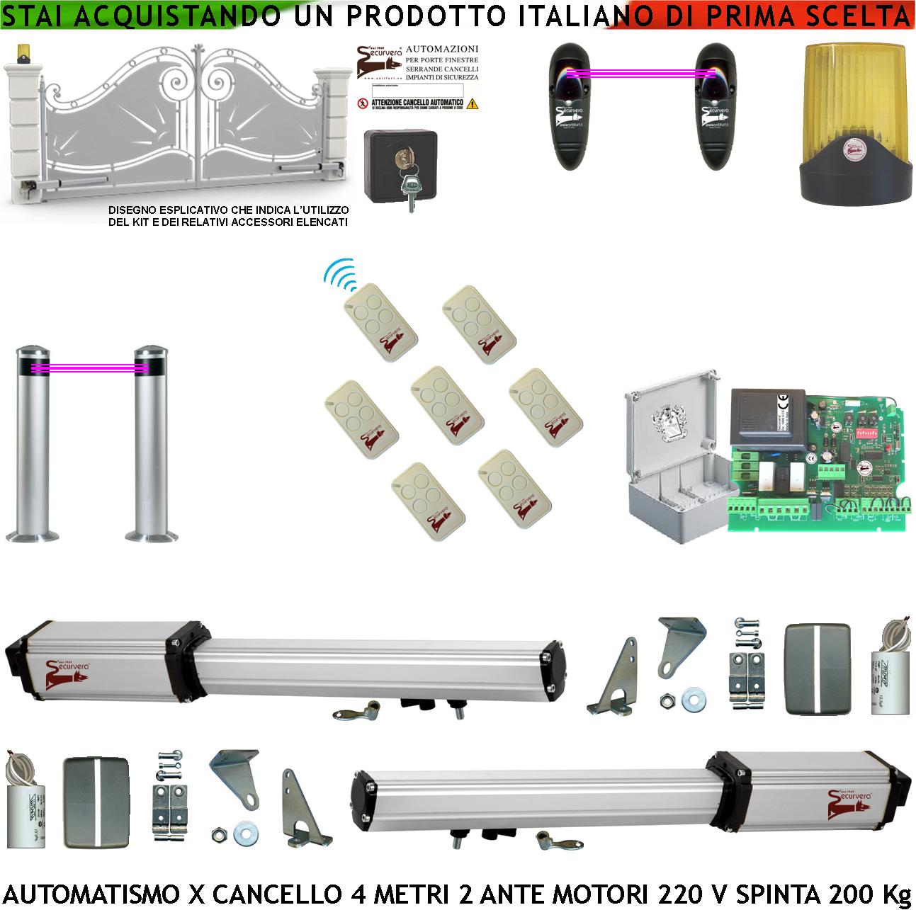 foto del prodotto automazione cancello 4 metri 2 ante da 2 mt kit motori elettromeccanici 230 v sblocco corsa 300 mm spinta 2 q.li staffe 2 coppie fotocellule 2 pali 7 radiocomandi selettore 2 ck faro cartello monitore
