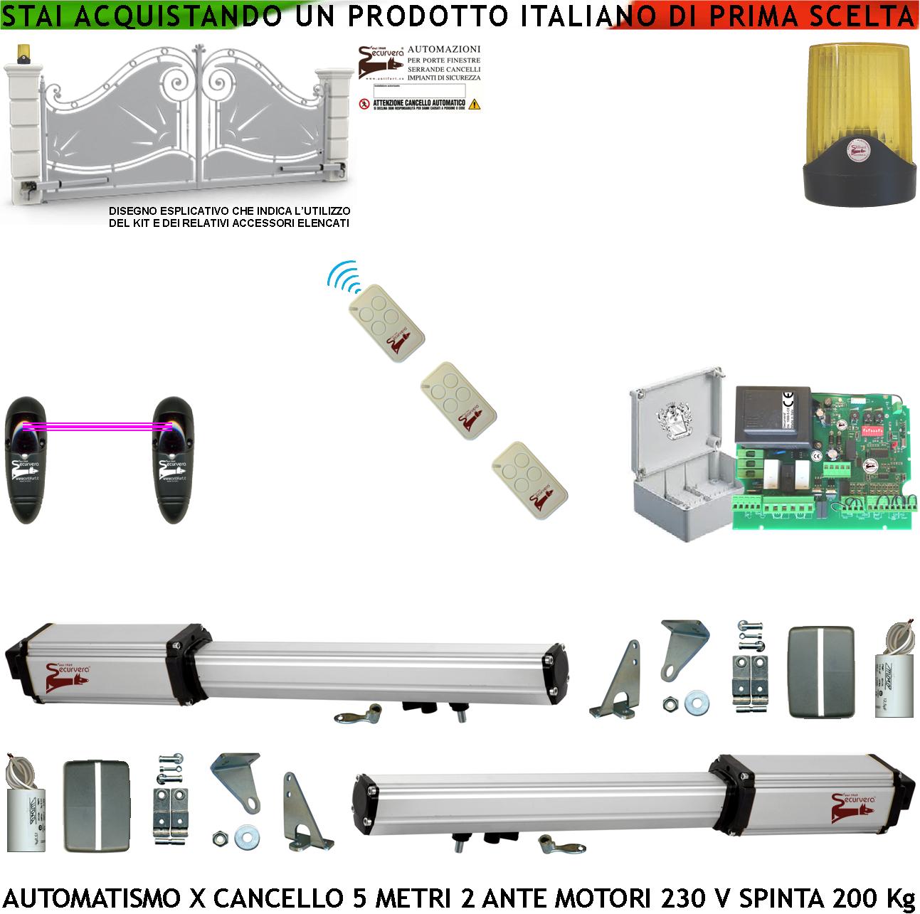 foto del prodotto automazione cancello 5 metri 2 ante da 2,5 mt kit base 2 motori elettromeccanici 230 v corsa 400 mm spinta 2 q.li kit staffe 3 radiocomandi 1 coppia fotocellule faro 2 chiavi sblocco cartello monitore
