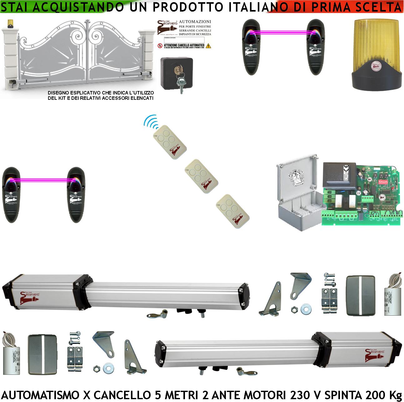 foto del prodotto automazione cancello 5 metri 2 ante da 2,5 mt kit base 2 motori elettromeccanici 230 v corsa 400 mm spinta 2 q.li kit staffe 3 radiocomandi 2 coppie fotocellule faro selettore 2 ck.i cartello monitore