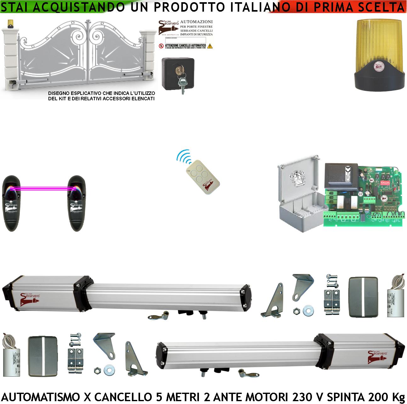 foto del prodotto automazione cancello 5 metri 2 ante da 2,5 mt kit motori elettromeccanici 230 v corsa 400 mm spinta 2 q.ntali staffe radiocomando coppia fotocellule selettore 2 chiavi faro movimenti cartello monitore