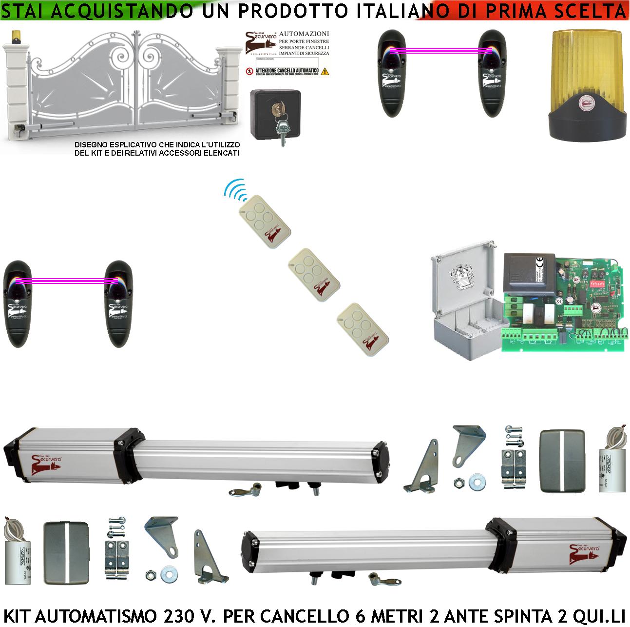 foto del prodotto automazione cancello 6 metri 2 ante da 3,0 mt kit base 2 motori elettromeccanici 230 v corsa 500 mm spinta 2 q.li kit staffe 3 radiocomandi 2 coppie fotocellule faro 2 chiavi sblocco cartello monitore