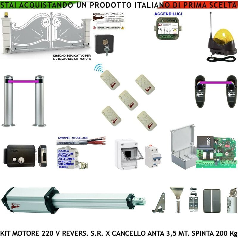 foto del prodotto automazione cancello da 3,5 metri motore elettromeccanico 230 v reversibile spinta 250 kg centrale 5 radiocomandi fotocellule 2 pali faroantenna