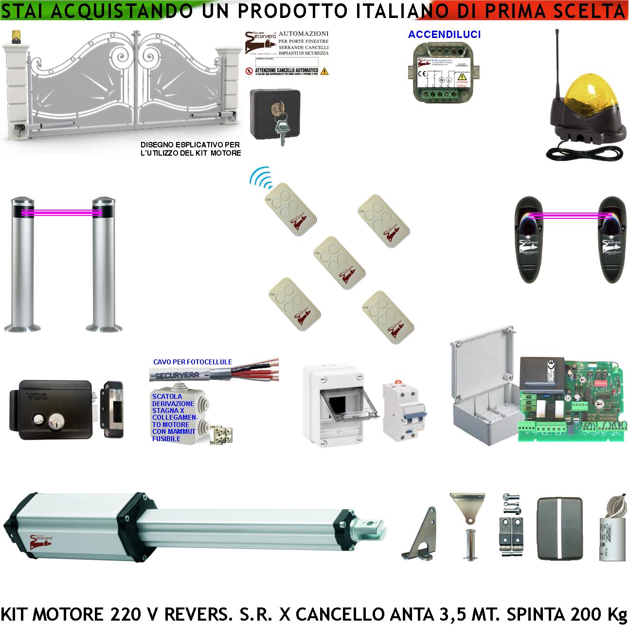 foto del prodotto automazione cancello da 3,5 metri motore elettromeccanico 230 v reversibile spinta 250 kg centrale 5 radiocomandi fotocellule 2 pali faroantenna serratura selettore scatola fuse accendiluci cavo