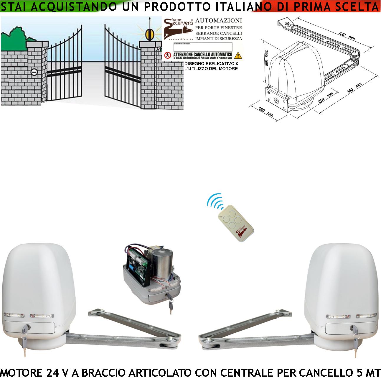 foto del prodotto automazione cancello elettrico 5 mt motori braccio articolato centrale 220/24 v 2 ante da 0,5 a 2,5 mt radiocomando ricambio universale