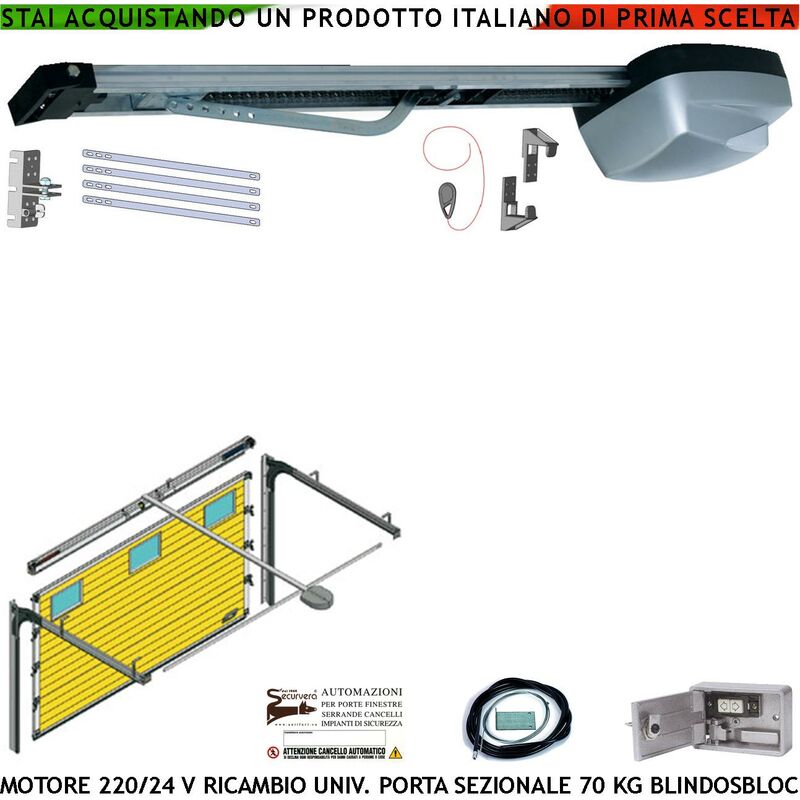 foto del prodotto automazione x porta sezionale kit ricambio motore 220 24 v da soffitto 70 kg radiocomando binario 3 mt catena acciaio sistema autoblock blindino