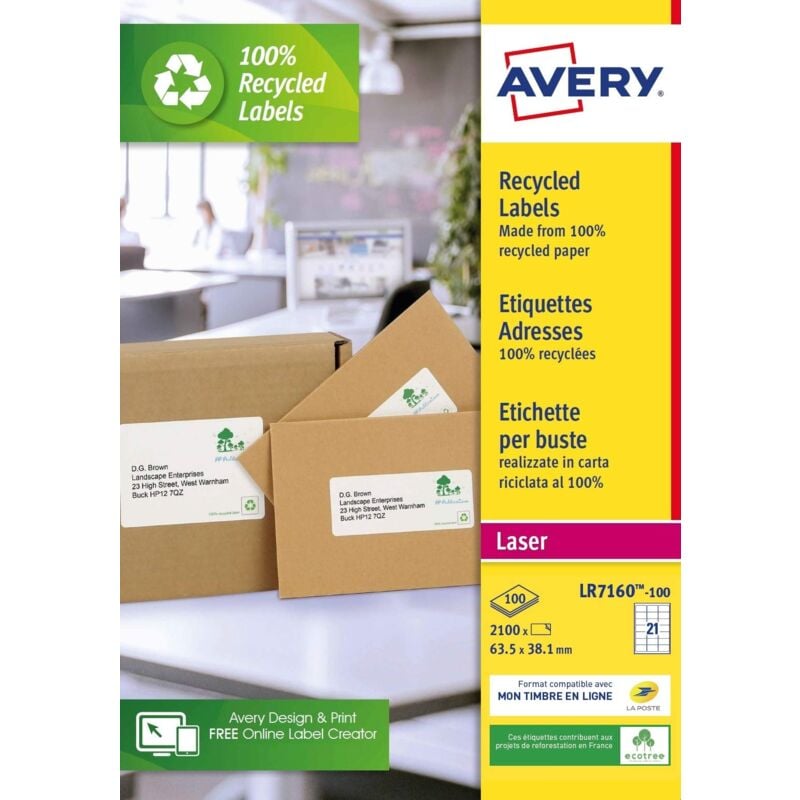 foto del prodotto avery italia etichette in carta riciclata bianca per buste e pacchi 63,5x38,1mm laser 100 ff