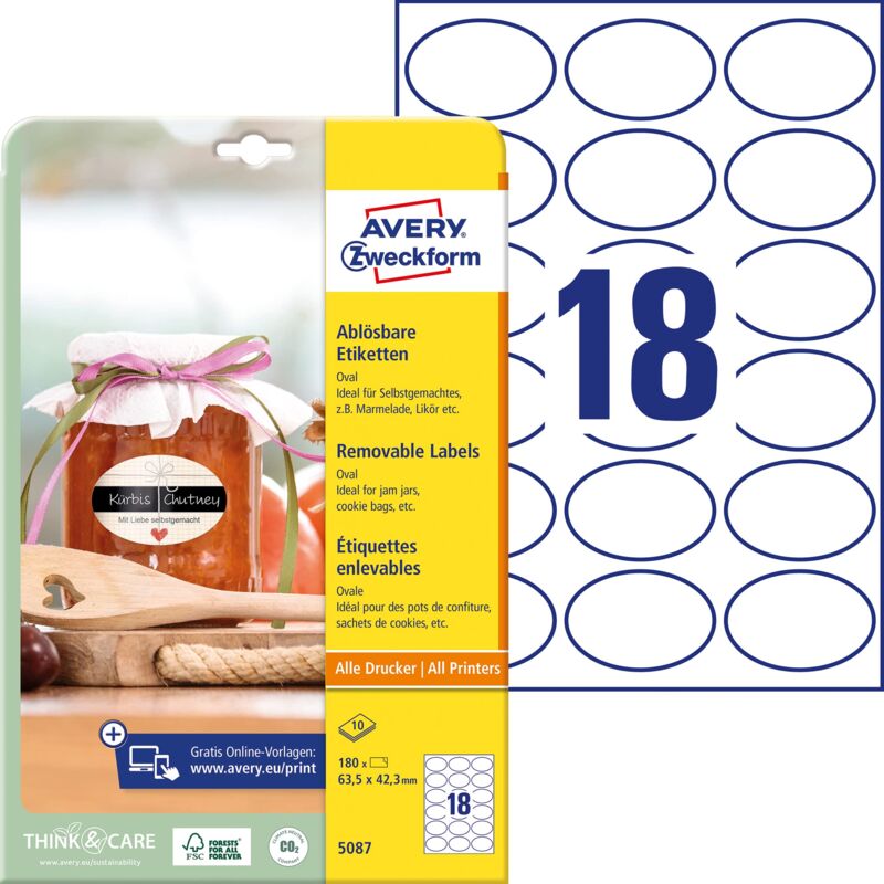 foto del prodotto avery zweckform 180 etichette autoadesive per bottiglie 63,5 x 42,3 mm,ovale,adesivo ,ideali per barattoli,barattoli di spezie,bottiglie di